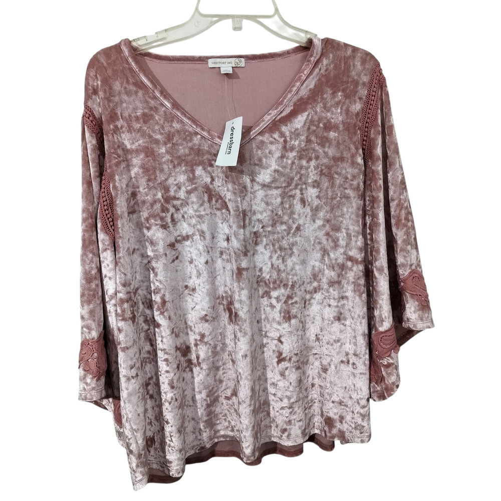 3525) Westport 1962 Dusty Rose Velour Flare Crocheted Sleeve Top Size XL